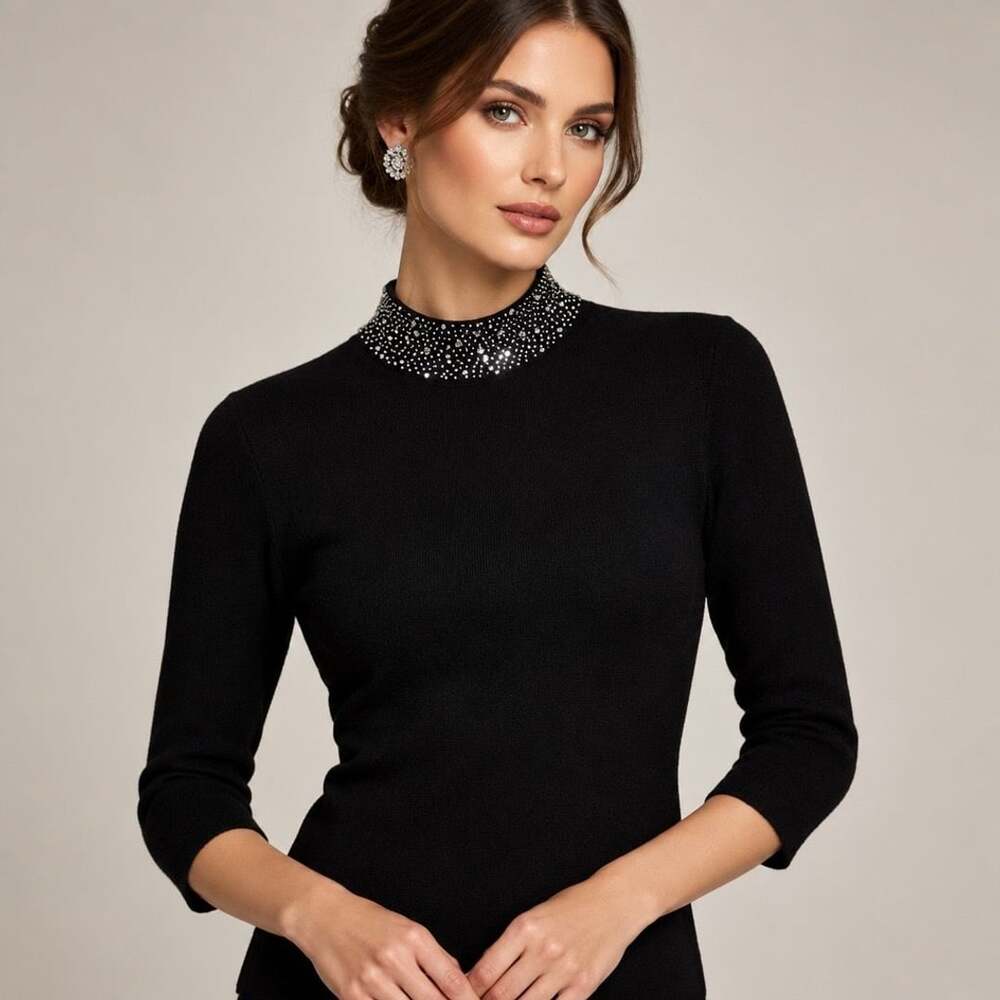 Carmen Marc Valvo Embellished Neckline Sweater Size L Black